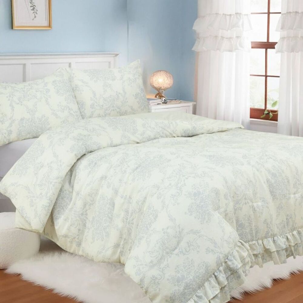 Full/Queen Ruffle Comforter Set Blue Floral